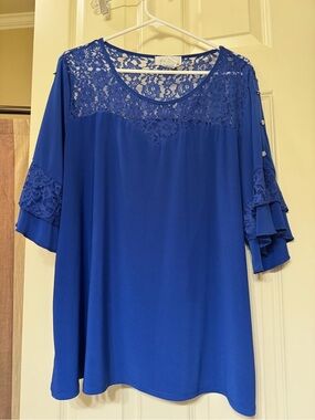 Women's Royal Blue Lace Yoke Flutter Sleeve Blouse